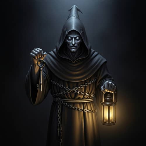 Mystical Monk in Robe with Key and Lantern | Ethereal Gaze