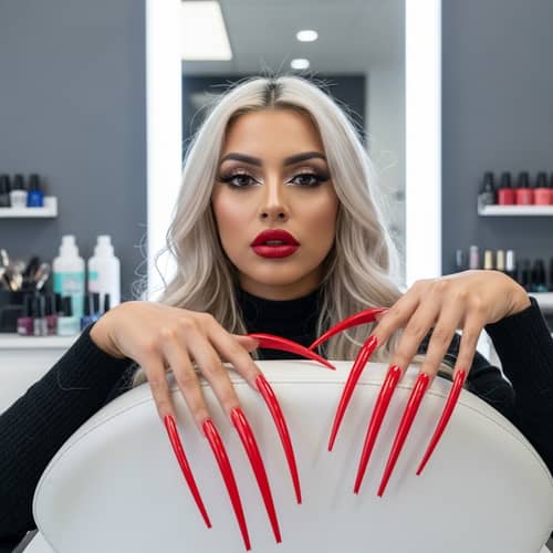 Hispanic Woman with Long Nails and Heavy Makeup in Salon