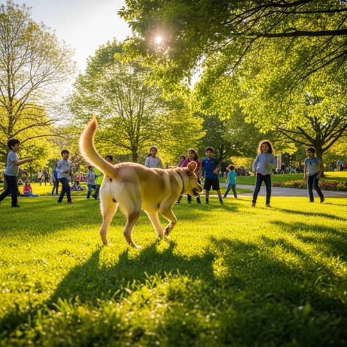 Playful Beige Dog Running in Lush Green Park with Children Playing