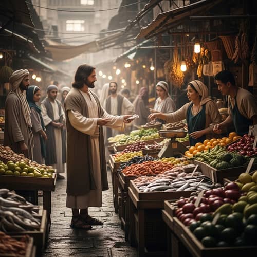 Historical Scene: Jesus Bargaining in Vibrant Wet Market