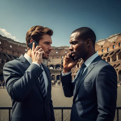 Sales Rivalry in Colosseum: Fiery Caucasian vs. Determined Black Suit Salesmen