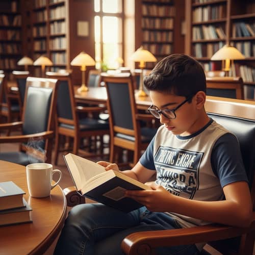 Nerdy Middle-Eastern Boy in Library with Coffee | Lunchtime Scene