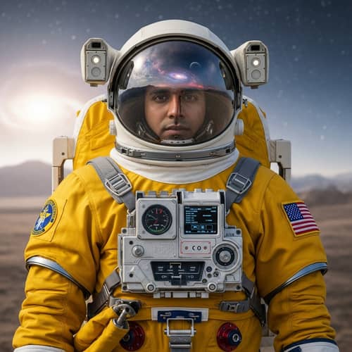 Space Explorer of South Asian Descent in Vibrant Yellow Spacesuit