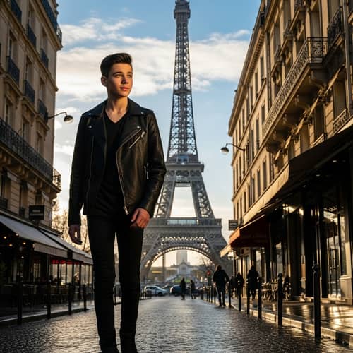 Tall Young Boy Exploring Paris with Eiffel Tower Backdrop