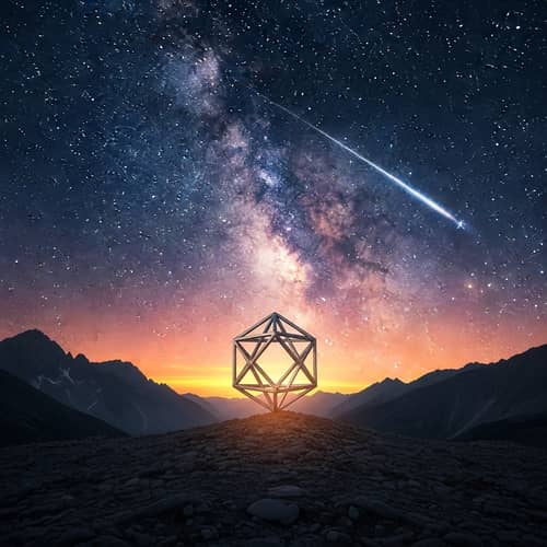 Surreal Mountain Landscape with Sacred Geometry Object | Sunset Sky