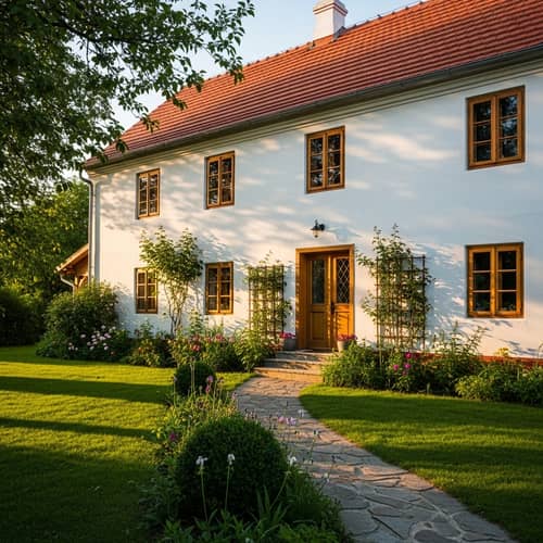 Traditional Countryside House with White Plastered Walls and Red-Tiled Roof