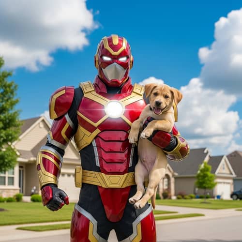 Red and Gold Armored Superhero with Playful Puppy in Suburban Setting