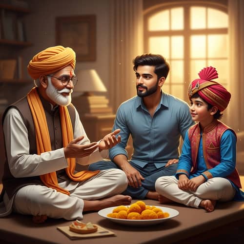 Elder Indian Merchant Sharing Wisdom with Sons in Cultural Fusion Setting