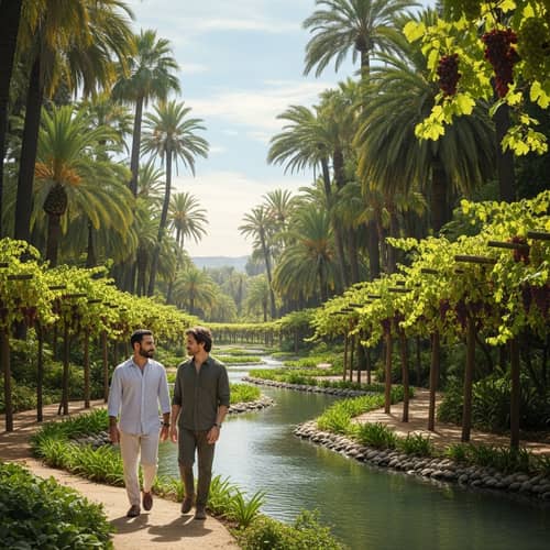 Men Walking in Lush Garden with Palm Trees & Rivers