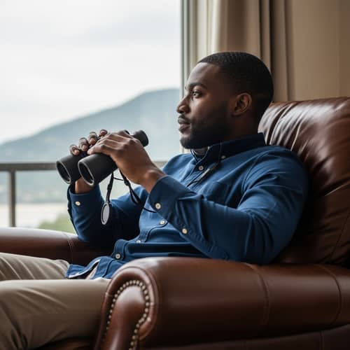 Relaxing Black Man in Brown Leather Recliner with Binoculars