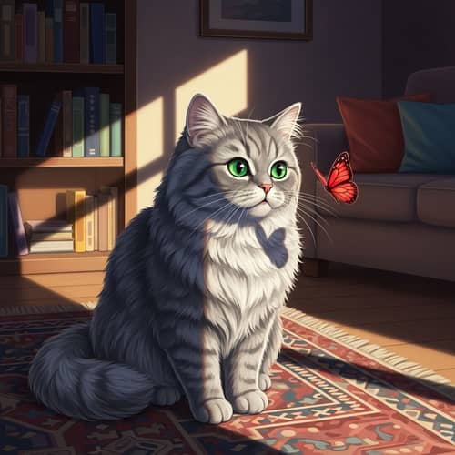 Fluffy Grey Persian Cat Illustration with Emerald Eyes and Red Butterfly