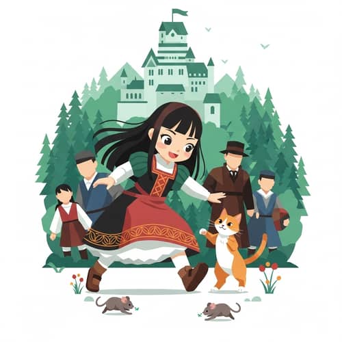 Flat Japanese Girl in Medieval Dress Playing with Cat in Castle Setting