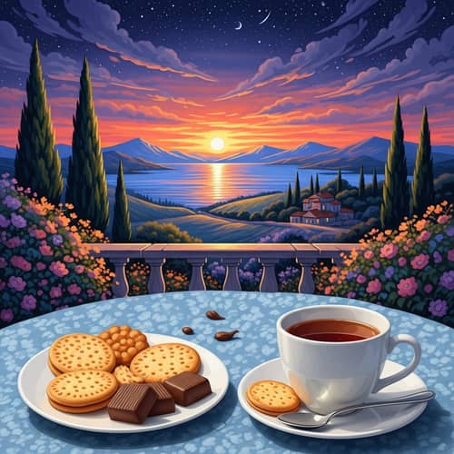 Cozy Tea-Drinking Scene Illustration | Chocolates & Biscuits