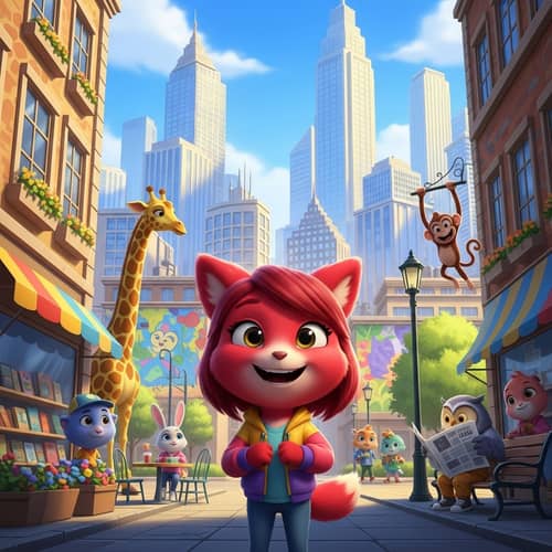 Youthful Red Anthropomorphic Creature in Urban Adventure