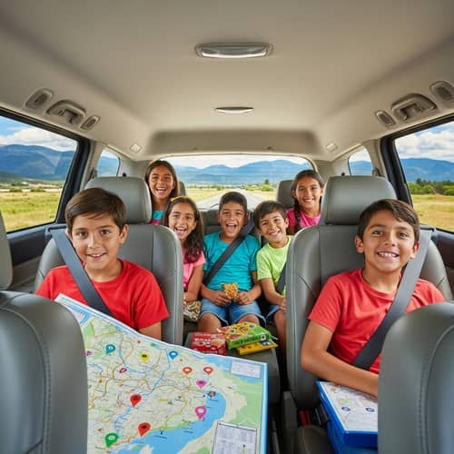 Hispanic Children's Exciting Road Trip Adventure in a Spacious Minivan