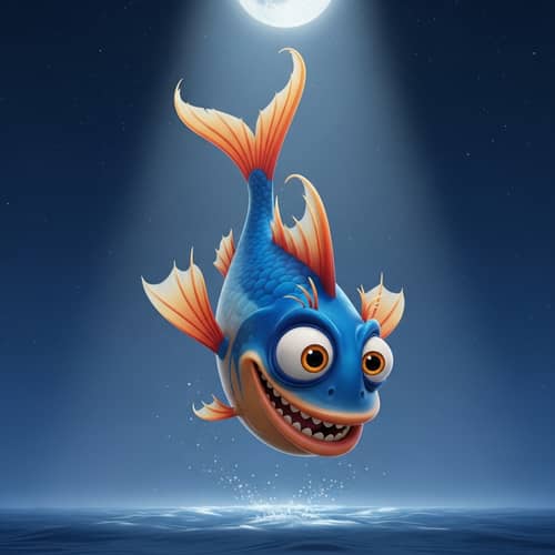 Fantastical Blue and Orange Cartoon Fish Mid-Flip in Moonlight