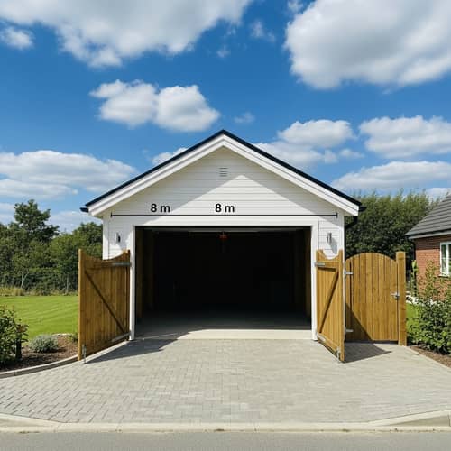 White Garage Structure with Pitched Gable Roof & Wooden Gates