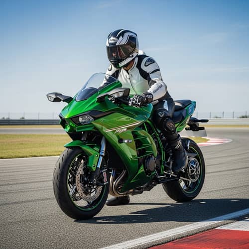 Sporty Kawasaki H2 Motorcycle on Racetrack with Rider