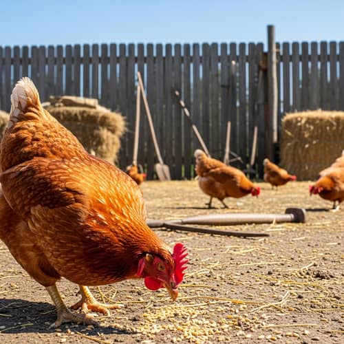 Rustic Farmyard Scene with Domestic Hen Pecking Grains