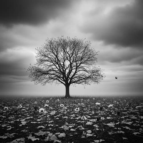 Haunting Melancholy: Solitary Tree in Barren Landscape