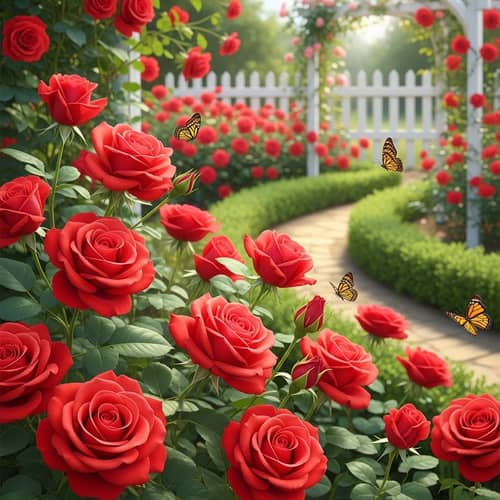 Exquisite Spring Roses Garden | Lush Red Blooms & Butterflies