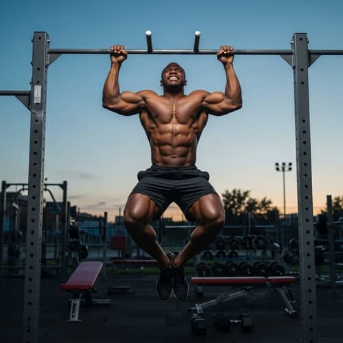 African Male Performing Muscle Up Exercise at Outdoor Gym