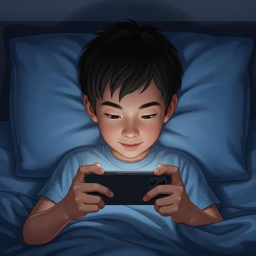 Young Asian Boy Playing Smartphone Game on Bed