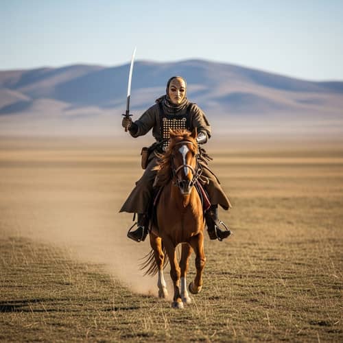 Masked Figure Riding Horse - Action Scene in Rural Setting