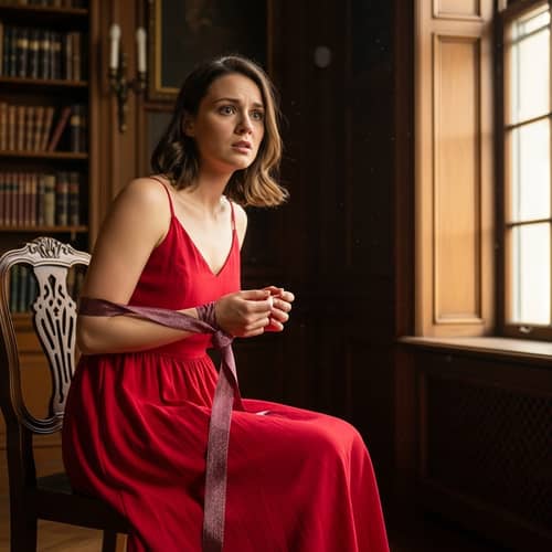 Suspenseful Cinematic Scene of a Woman in a Red Sundress