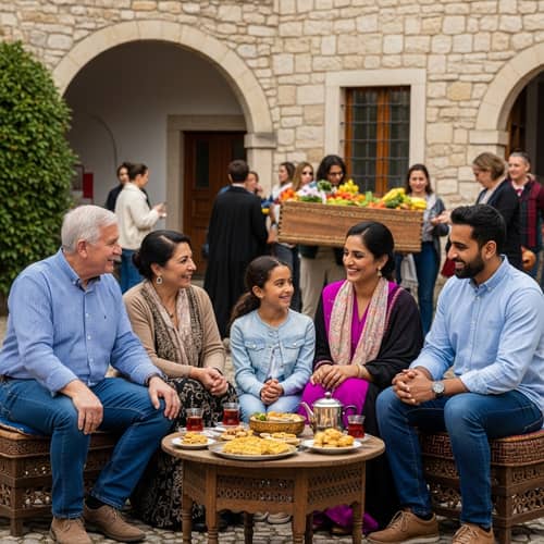 Multicultural Family Gathering Around Table with Baklava Amid Festive Crowd
