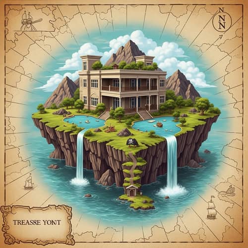 Innovative Two-Story Building Morphed into Pirate Island Illustration