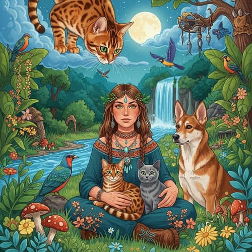 Enchanting Scene with Shaman Woman and Animals in Vibrant Setting