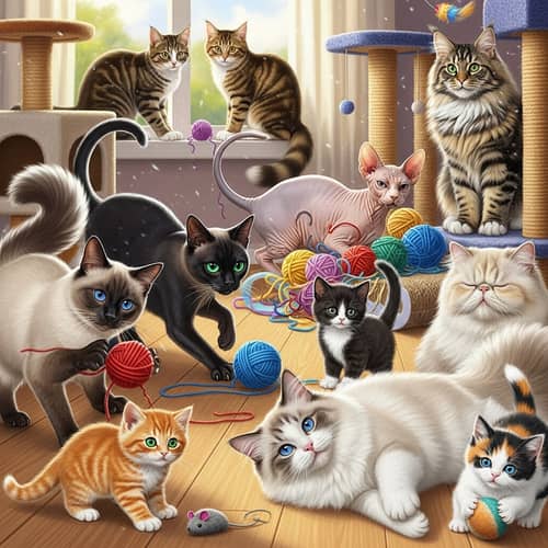 Diverse Range of Feline Breeds Displayed by Cats in Various Poses
