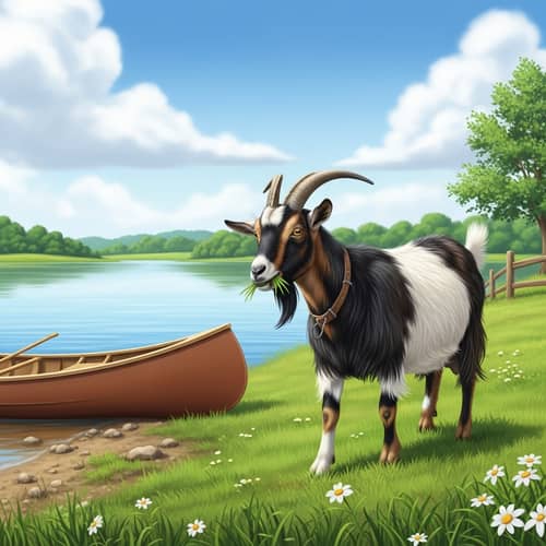 Tranquil Lake Scene with Goat Grazing | Rural Beauty