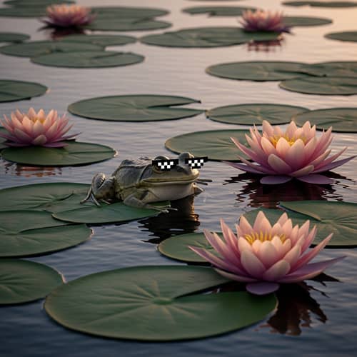 Frog on Pond with Water Lilies - Enchanting and Magical Scene