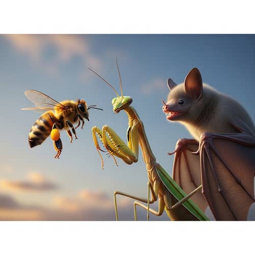 Bee, Mantis, Vampire Bat - Surreal Scene of Unique Creatures