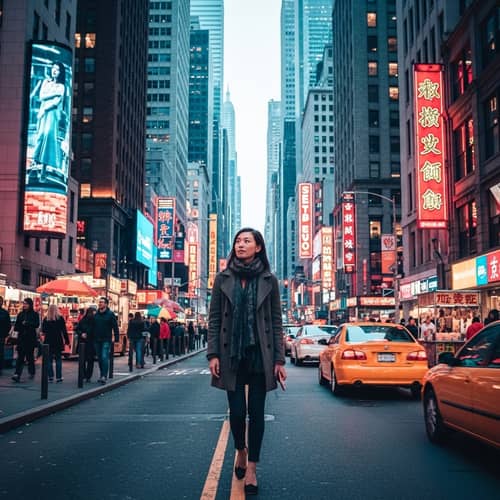 Asian Woman in Animated Metropolis | Urban Adventure