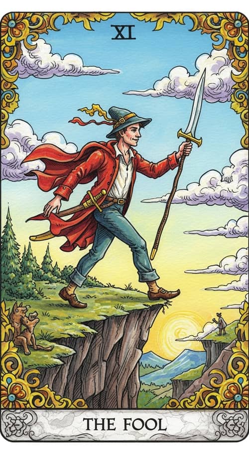 Whimsical 'The Fool' Tarot Card Art with Vibrant Colors