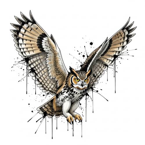 Majestic Horned Owl in Mid-Flight: Realistic Wildlife Illustration