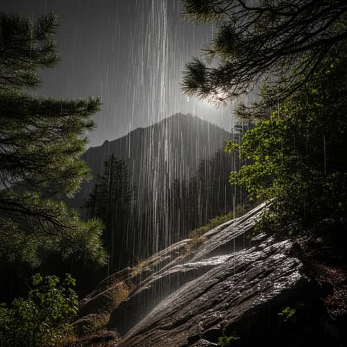 Scenic Mountain Landscape in Strong Night Rain