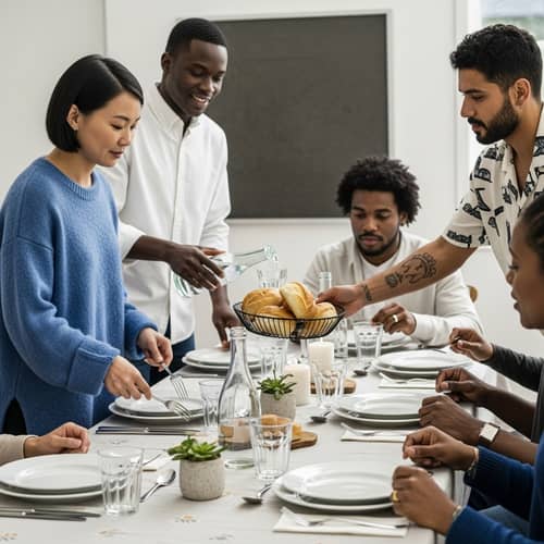 Diverse Casual Meal Gathering with Stylish Table Setting