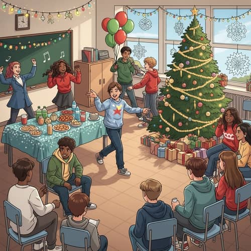 Festive Grade 8 Christmas Party in Decorated Classroom