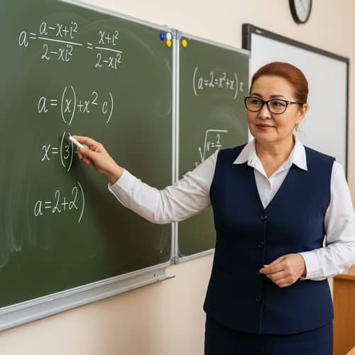 Experienced Kazakh Teacher Inspiring Students with Mathematical Equations