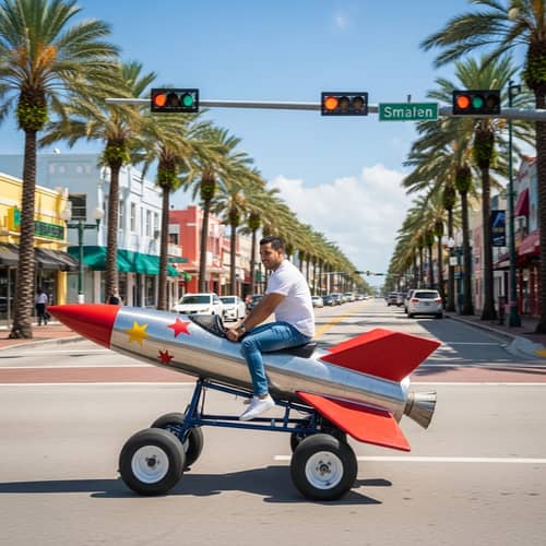 Adventure in Florida: Egyptian Man Riding Rocket Through Sunlit Streets