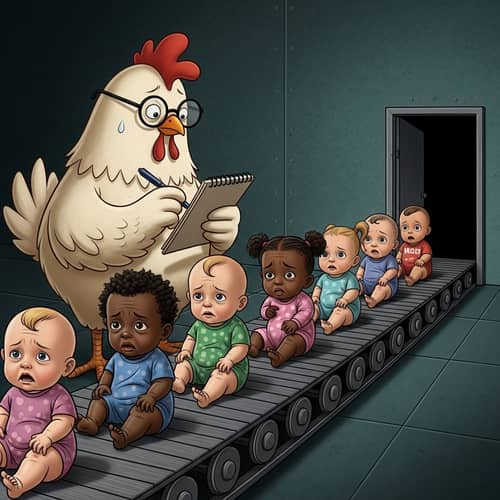 Surreal Scene of Distressed Infants on Conveyor Belt