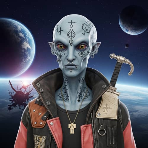 Edgy Alien Character with Piercing and Tattoos in Cosmic Universe