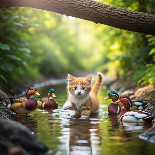 Cute Kitty Swimming with Ducks | Enchanting Harmony of Species