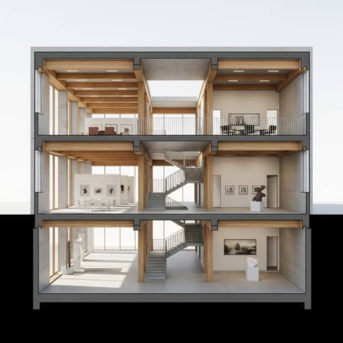 Gallery Building Architectural Section with Concrete and Wood Beams