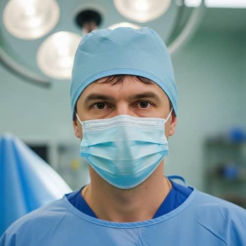 Russian Man in Surgical Clothing with Medical Mask