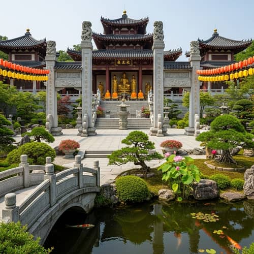 Serene Buddhist Temple in Lush Landscape | Golden Buddha Statues